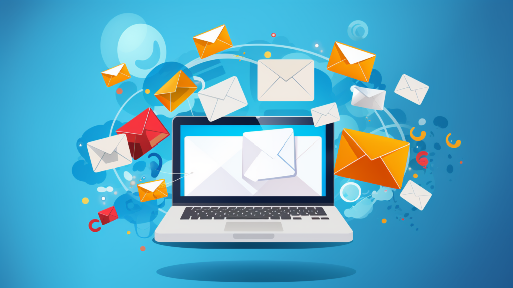 Cold Email Domain Variations: Guide to Boost Your Email Outreach 6 A laptop emits colorful floating envelopes of varying sizes against a blue background with abstract shapes, representing digital communication or email.