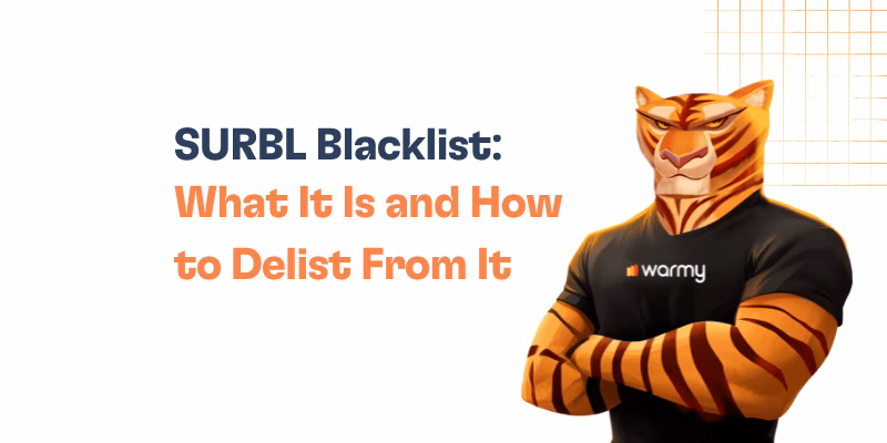SURBL Blacklist: What It Is and How to Delist From It 22 Illustration of a confident, muscular tiger wearing a warmy t-shirt, standing with folded arms beside text: SURBL Blacklist: What It Is and How to Delist From It on a white background with an orange grid.