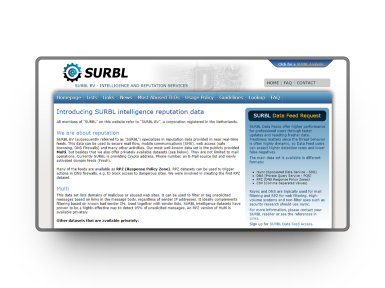 SURBL Blacklist: What It Is and How to Delist From It 1 Screenshot of the SURBL website showing a page about intelligence reputation data. It includes a logo, navigation menu, and sections titled Who we are and SURBL Data Feed Request. Text explains SURBLs services and data usage policy.