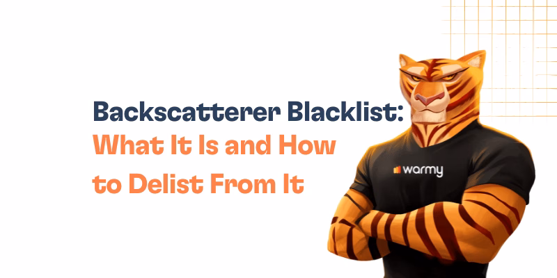 Backscatterer Blacklist: What It Is and How to Delist From It 3 Illustration of a muscular tiger in a warm t-shirt beside the text: Backscatterer Blacklist—What It Is and How to Delist From It, set against a white background with an orange grid design. Perfect for explaining the backscatterer blacklist visually.