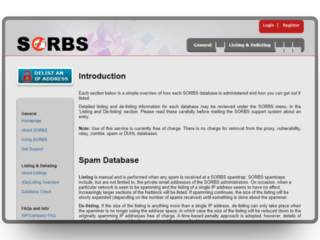 10 herramientas para eliminar direcciones IP de listas negras: Ventajas y desventajas 4 Screenshot of the SORBS website homepage showing navigation options like Home, About SORBS, and Using SORBS. The main section discusses the introduction and actions related to spam databases, with a highlighted DELIST AN IP ADDRESS button.