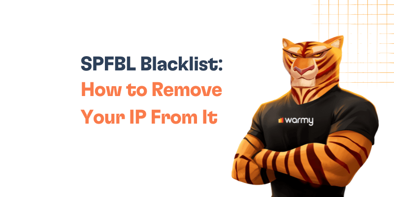 SPFBL Blacklist: What Is It and How to Delist From It 8 A muscular anthropomorphic tiger in a black warmy t-shirt stands with folded arms next to bold text: SPFBL Blacklist: How to Remove Your IP From It on a white background with orange grid lines.