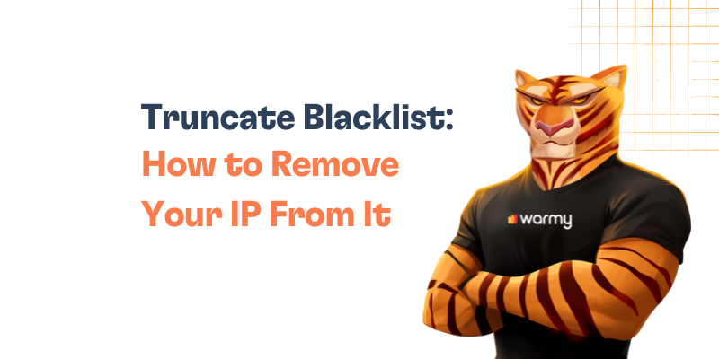 Truncate Blacklist: What Is It and How to Remove Your IP From It 17 Illustration of an anthropomorphic tiger wearing a warmy t-shirt, standing next to text that reads: Truncate Blacklist: How to Remove Your IP From It on a white background with orange grid accents.