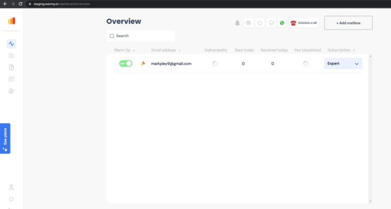 How to connect Amazon SES to Warmy.io 10 Email dashboard interface showing an overview of account activity. Includes sections for email addresses, deliverability, sent and received emails, and a not-blacklisted status. Theres an active toggle next to an email: marktplays@gmail.com.