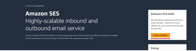 How to connect Amazon SES to Warmy.io 2 Amazon SES webpage promoting a scalable inbound and outbound email service. Text encourages creating and verifying a sender identity to start sending emails. A button labeled Create Identity is highlighted. Pricing information is also present.