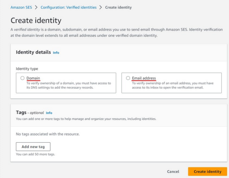 How to connect Amazon SES to Warmy.io 3 Screenshot of Amazon SES Verified Identities interface. Options include verifying by Domain or Email address, with no tags added. A button to create identity is at the bottom.