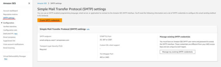 How to connect Amazon SES to Warmy.io 5 Screenshot of Amazon SES SMTP settings page. It shows options to create SMTP credentials, SMTP endpoint details, and available ports for TLS and SSL connections. A section for managing existing SMTP credentials is also visible.