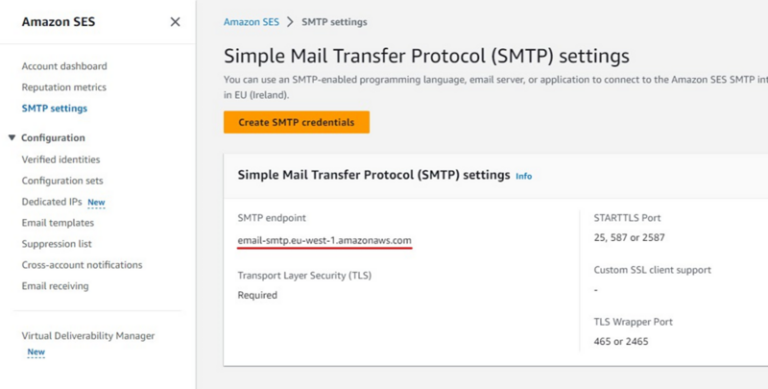 How to connect Amazon SES to Warmy.io 7 Screenshot of Amazon SES SMTP settings showing the endpoint email-smtp.eu-west-1.amazonaws.com with a Create SMTP credentials button. Details include SMTP port options (25, 587, 2587, 465) and TLS requirement. Sidebar for account details is visible.