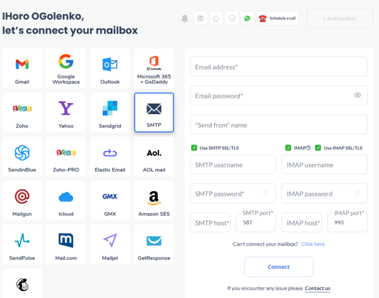 How to connect Amazon SES to Warmy.io 8 Email integration dashboard showing options like Gmail, Outlook, AOL, and SMTP. Right side has fields for email setup: address, send from name, and password with options for SMTP, IMAP SSL/TLS, ports, and hosts. Top bar includes settings and schedule call options.