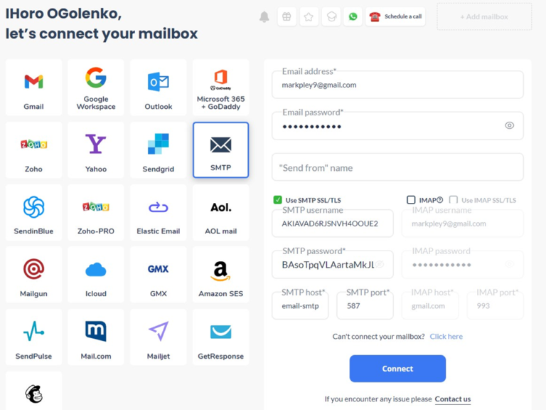 How to connect Amazon SES to Warmy.io 9 Screenshot of an email setup page. On the left, various email service logos such as Gmail, Yahoo, and Outlook appear. On the right, there are input fields for email settings including email address, password, SMTP, and IMAP information.