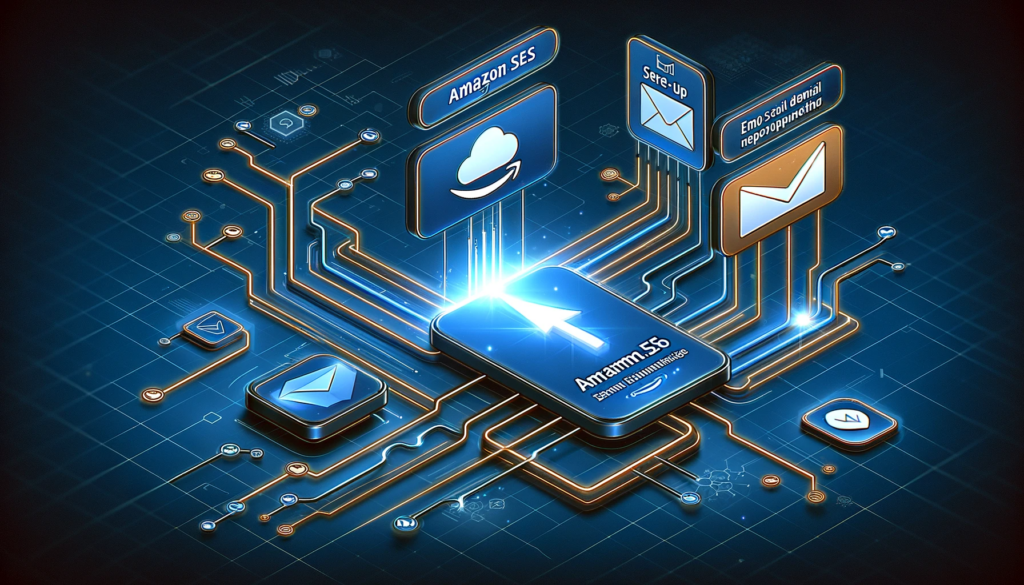 How to connect Amazon SES to Warmy.io 8 A digital illustration of a mobile phone connected to various cloud services, arrows, and email icons, depicting a network. Labels like Amazon SES and Email Send suggest email and cloud integration. Glowing circuit lines indicate connectivity.