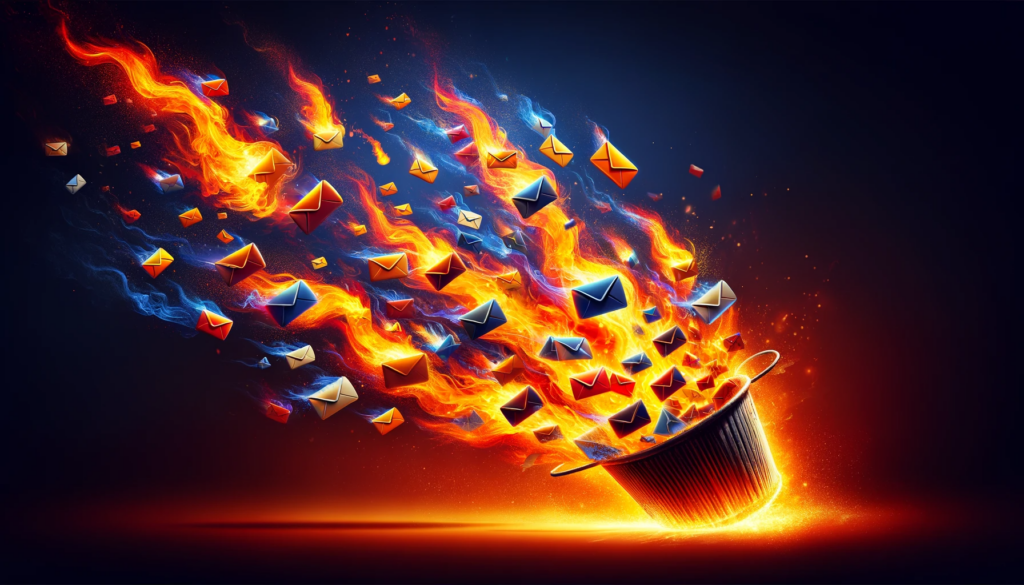 Email warm-up | All You Need to Know 8 A trash can overflowing with colorful envelopes is set ablaze, with flames and sparks shooting upward against a dark background, symbolizing the destruction of papers or information.