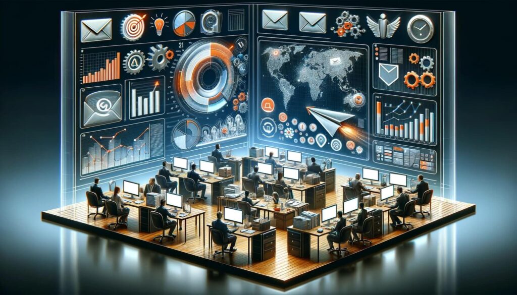 Email Deliverability Audit from Warmy. Try it for free. 14 A stylized 3D image of a futuristic office with people at desks using computers. Surrounding them are virtual screens displaying diverse charts, graphs, a world map, and digital icons, representing data analysis and global connectivity.