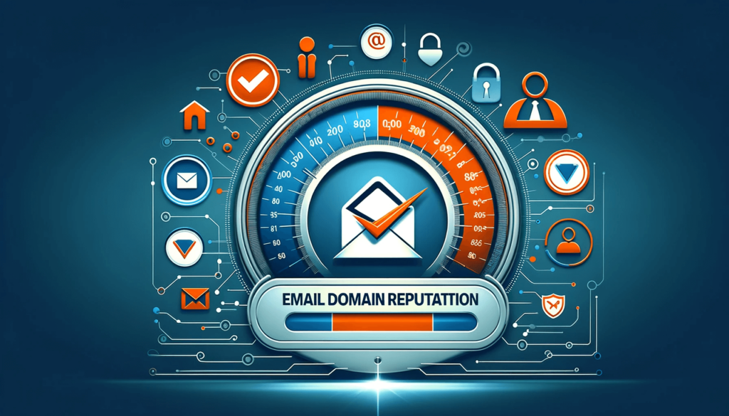 Build Your Email Domain Reputation Like a Pro with Expert Tips 5 Illustration of an email domain reputation gauge surrounded by various icons representing security and communication, such as envelopes, locks, and user profiles, on a blue background. The gauge is marked with a check indicating good reputation.