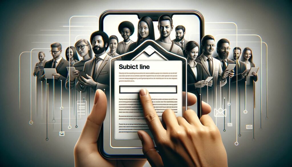 14 Tips For Writing An Excellent Email Subject Line + Examples 5 A hand interacts with a smartphone displaying an email interface, surrounded by a diverse group of businesspeople with digital elements and icons. These elements represent various communication methods, such as email and messaging.