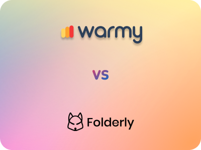 Folderly alternative. Warmy vs Folderly 11 Gradient background with warmy and Folderly logos, separated by vs in the center.