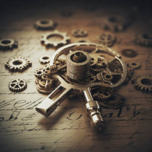 Keywords. Keyword objectives 1 An antique key lies amidst an array of brass gears on a textured, sepia-toned background with faint script. The scene evokes themes of mystery and mechanical intrigue.