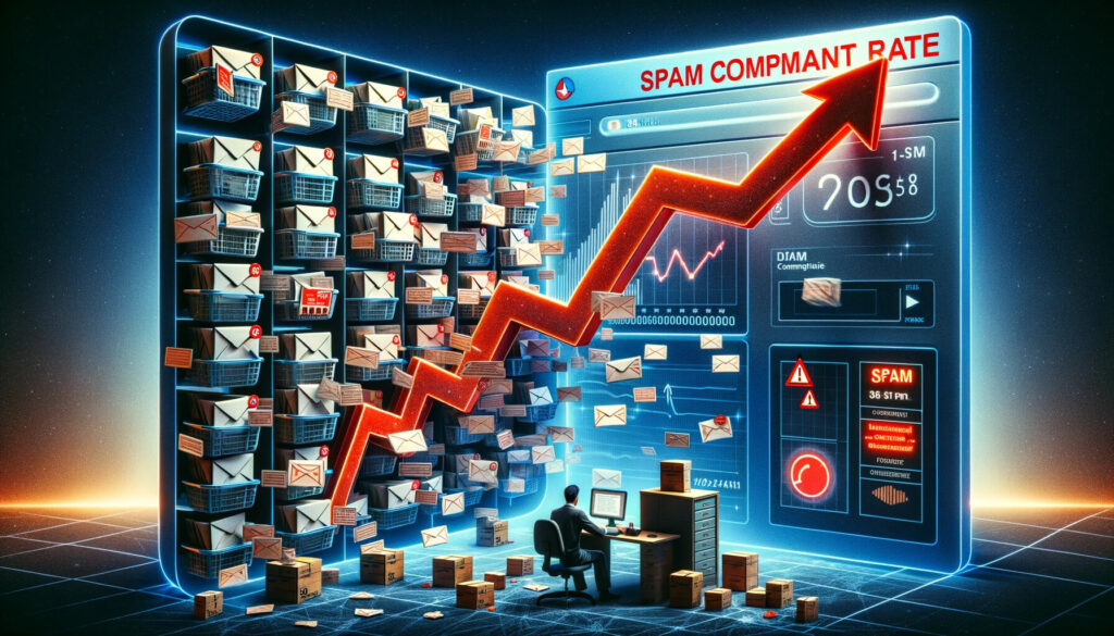 Spam Complaint Rate: What It Is and How to Reduce It 11 A person at a desk monitors a large screen displaying a sharp increase in spam complaint rate. Surrounding are many emails and warning symbols. A 3D vector graph with an upward red arrow dominates the scene, indicating rising spam incidents.