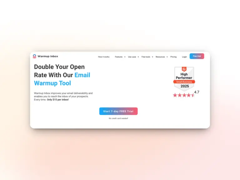 Warmy vs Warmup Inbox: Best Warmup Inbox Alternative 1 A website homepage promoting an email warmup tool, highlighting doubled open rates, a free 7-day trial, a G2 High Performer 2025 badge, a 4.7-star rating, and a call-to-action button.