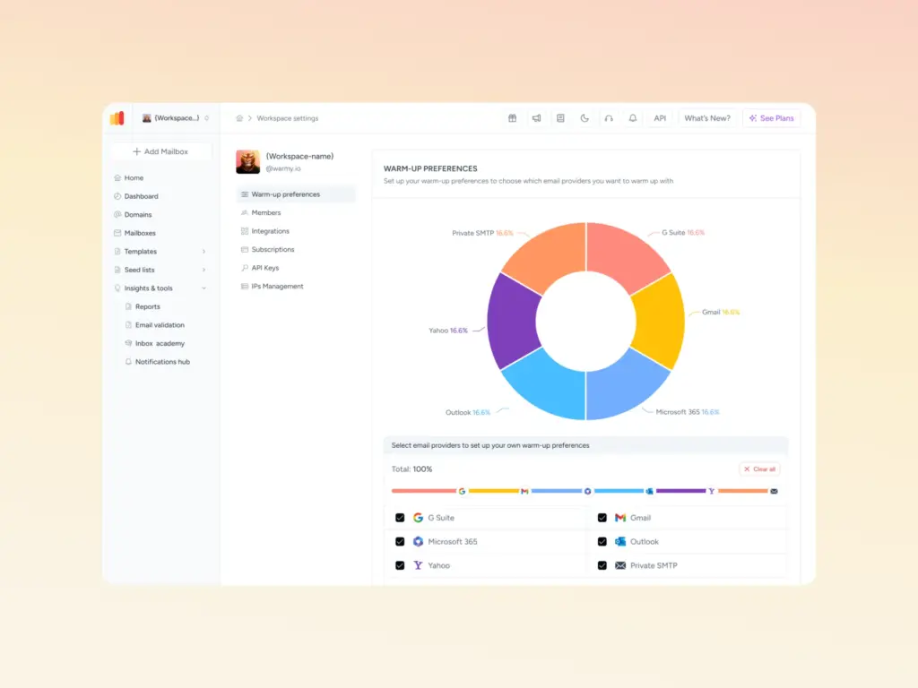 Warmup Preferences screenshot in warmy platform