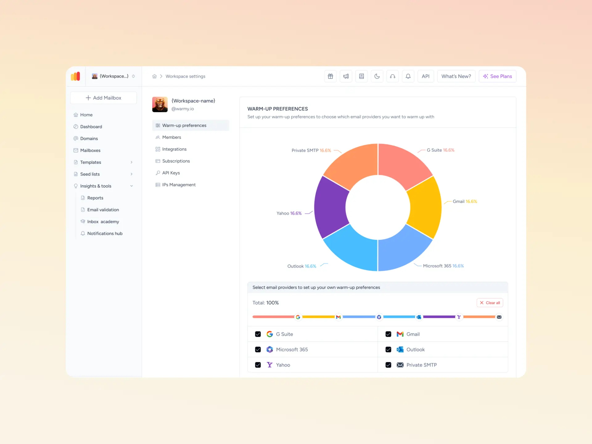 Warmup Preferences screenshot in warmy platform