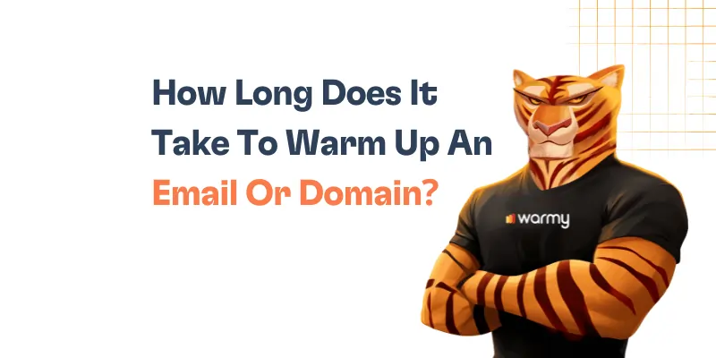 How Long Does It Take To Warm Up An Email Or Domain? 16 A tiger character wearing a warmy t-shirt stands with arms crossed next to the text, How Long Does It Take To Warm Up An Email Or Domain? on a white background with an orange grid design in the corner.
