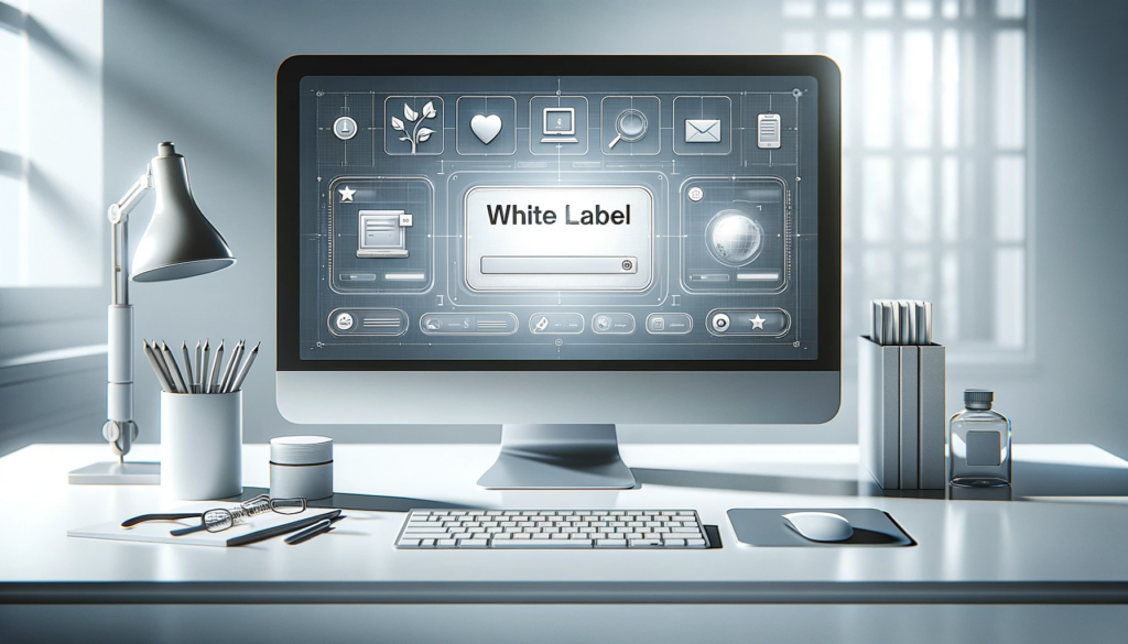 What is White Label? Warmy as a best white label SAAS solution 5 A modern, well-lit office desk with an iMac screen displaying White Label surrounded by various app icons. The desk has a lamp, cup, notepad with a pen, keyboard, mouse, and water bottle. A window casts natural light onto the scene.