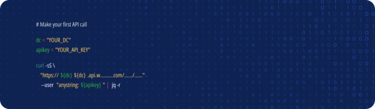 How the Warmy Email API Can Power Up Your Product & Boost Deliverability 1 Code snippet for an API call on a blue background with binary code. The script includes placeholder variables for YOUR_DC and YOUR_API_KEY, and constructs a curl command to access an API endpoint using basic authentication.