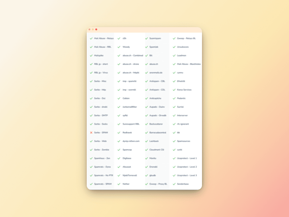 SEM Fresh Blacklist: How to Remove Your IP From It 1 A blurred list of items on a white background with green check marks and a few red X marks next to some. The background is a soft gradient from pale yellow to peach.