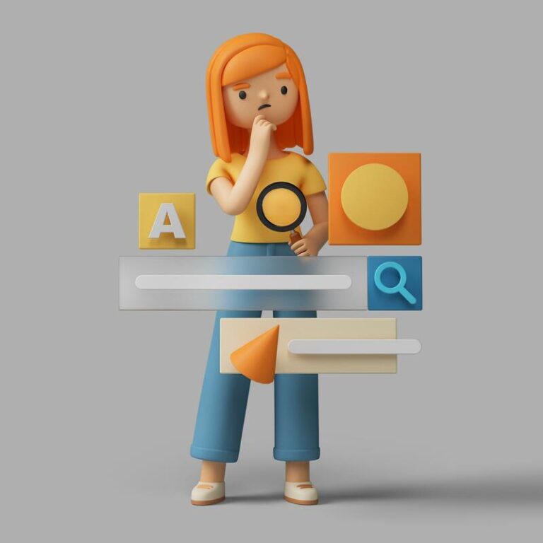 A 3D illustration of a person with orange hair, wearing a yellow shirt and blue pants, pondering. They are surrounded by search engine icons and symbols, including a magnifying glass, letters, and geometric shapes, on a gray background.