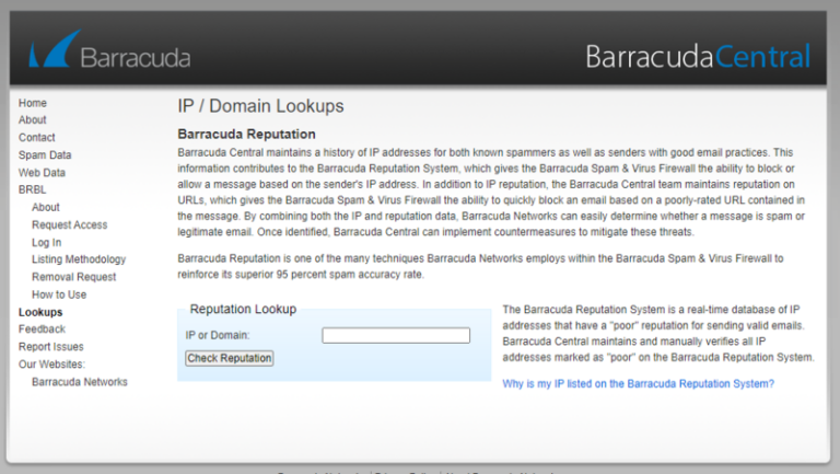 Barracuda blacklist: How To Remove your IP from it 2 Screenshot of the Barracuda Central website featuring IP/Domain lookups. The site includes sections like Contact, Spam Data, and IP Tools. Theres a text box for reputation lookup and an explanation of the Barracuda Reputation System.