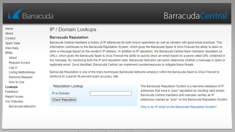 10 herramientas para eliminar direcciones IP de listas negras: Ventajas y desventajas 5 Screenshot of the Barracuda Central website featuring IP/Domain lookups. The site includes sections like Contact, Spam Data, and IP Tools. Theres a text box for reputation lookup and an explanation of the Barracuda Reputation System.