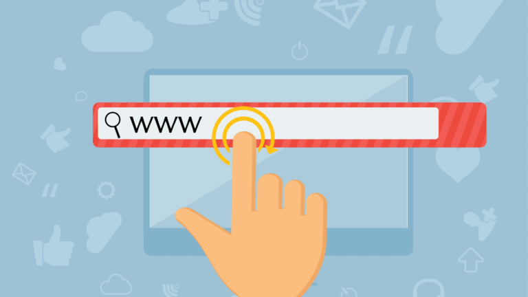 A hand is clicking on a web address bar with the text www inside it. The background features various icons like social media symbols and clouds, suggesting an online or digital theme.