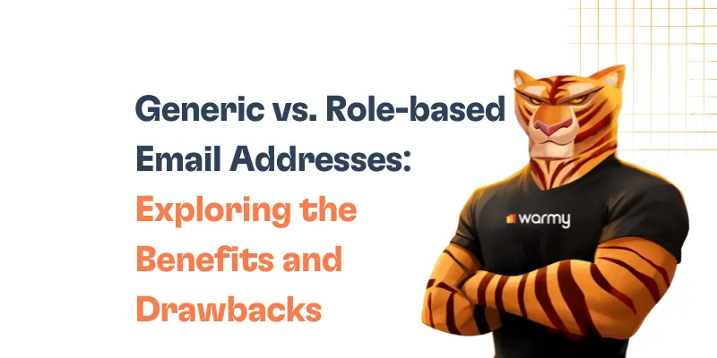 Generic vs. Role-based Email Addresses: Benefits and Drawbacks 7 A tiger mascot wearing a warmy shirt stands with folded arms next to the text: Generic vs. Role-based Email Addresses: Exploring the Benefits and Drawbacks. Orange grid lines are in the top right corner.