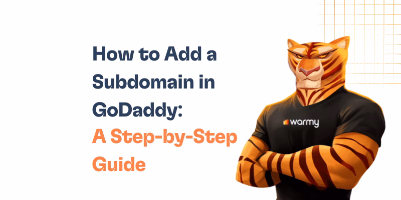 How to Add a Subdomain in GoDaddy: A Step-By-Step Guide 12 A muscular cartoon tiger in a warmy t-shirt stands beside bold text that reads, How to Add a Subdomain in GoDaddy—a step-by-step guide for beginners. Orange grid lines accent the top right corner for extra flair.