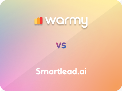 SmartLead.ai alternative. Warmy vs SmartLead 14 Gradient background with text warmy and Smartlead.ai in white. warmy is in the top center with a small red, orange, and yellow bar logo. Smartlead.ai is at the bottom, and the word vs is between them in purple.