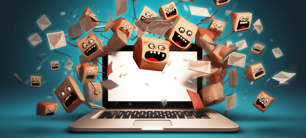 Free Spam Words Checker for Email | Warmy.io 1 A laptop with a white screen is surrounded by animated, expressive cubes with faces and flying envelopes, symbolizing overwhelming digital communication.