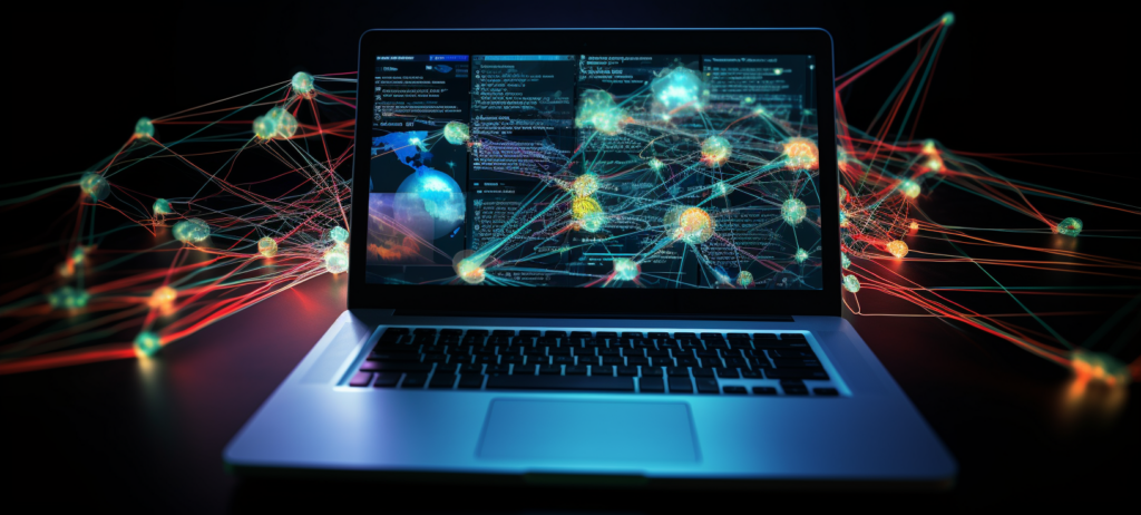 How to remove an IP from the blacklist 6 A laptop displaying complex network data with colorful, interconnected nodes and lines floating around it, illustrating a digital network or data visualization concept in a dark setting.