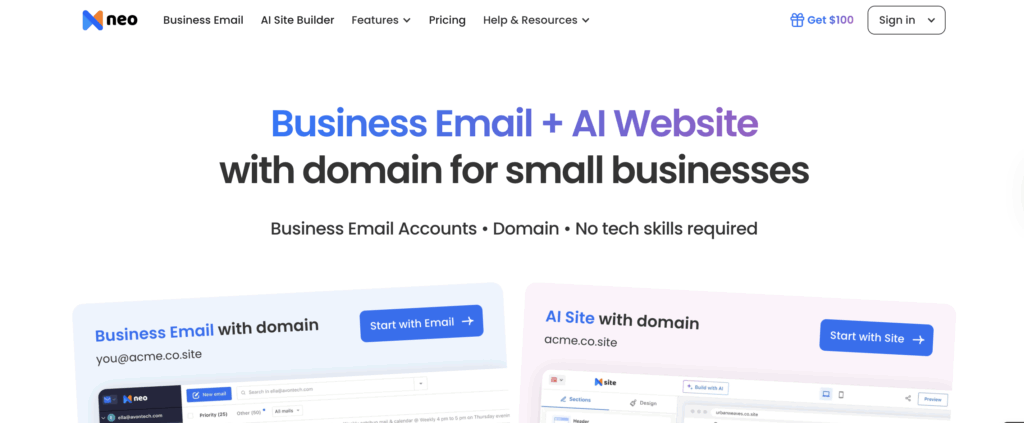 Popular Email Providers and Which Companies Use Each One 4 Screenshot of Neo’s website homepage showing text: Business Email + AI Website with domain for small businesses. Below are buttons for starting with email or AI site, and navigation links for features, pricing, and sign-in.