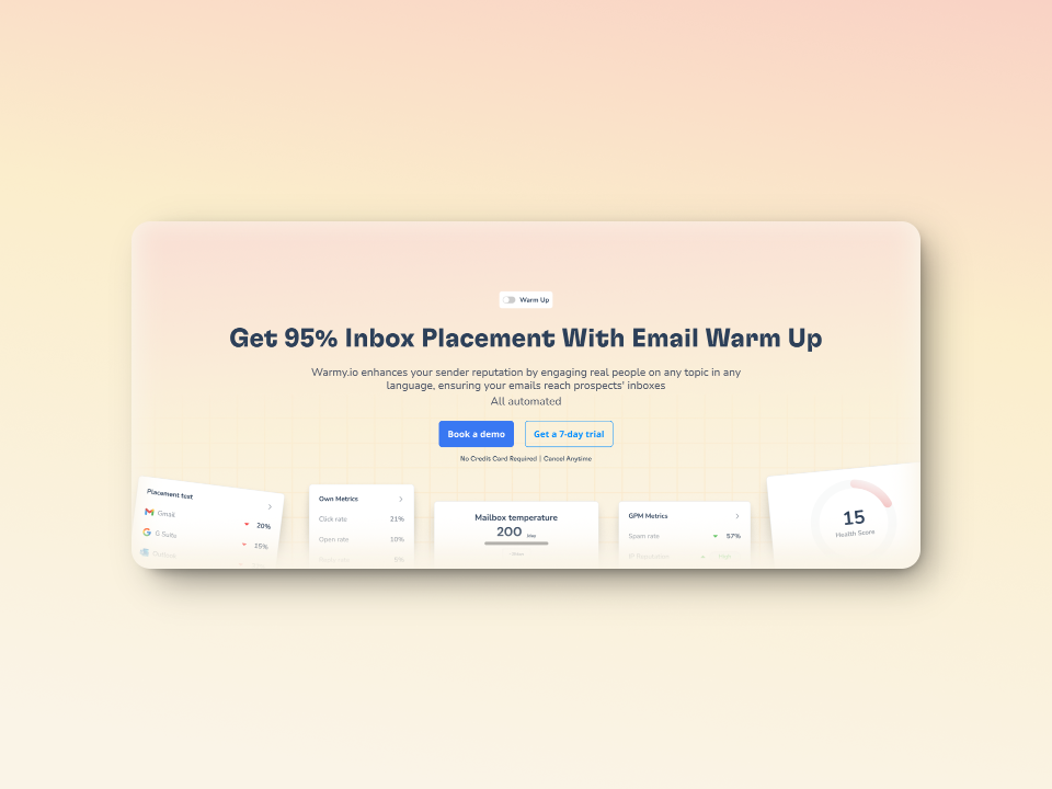 A website banner with the headline “Get 95% Inbox Placement With Email Warm Up” and buttons for “Book a demo” and “Get a 7 day trial.” Below are email stats and charts on a soft peach and cream gradient background.