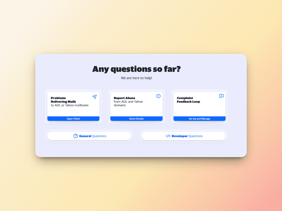 How to Remove IP from Yahoo Blacklist: The Ultimate Fix 2 A website interface with three main cards for support: Problems Delivering Mails, Report Abuse, and Complaint Feedback Loop, each with action buttons, plus tabs for General and Developer questions below.