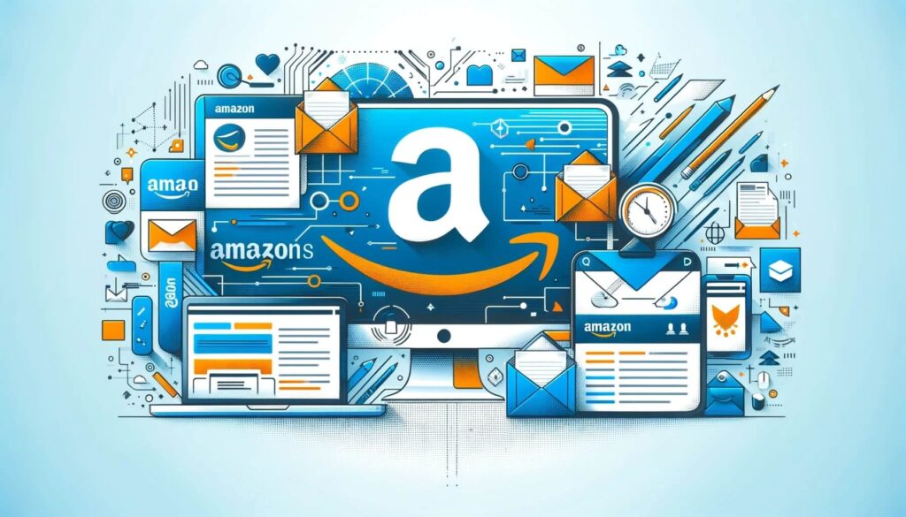 Mastering SPF and DKIM Setup for Amazon SES: A Comprehensive Guide 14 A colorful digital illustration featuring Amazons logo prominently displayed on a computer screen. Surrounding it are envelopes, clocks, and various tech-related icons, illustrating the concept of digital communication and e-commerce.