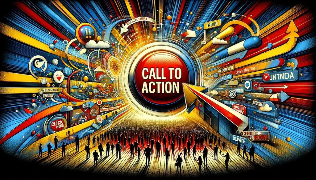 Call to Action: Persuade, Engage, and Drive Action! 2 A vibrant digital illustration with the words CALL TO ACTION in the center. Surrounding it are dynamic arrows, icons, and colorful designs, symbolizing urgency and engagement. Silhouettes of people stand below, looking towards the text.
