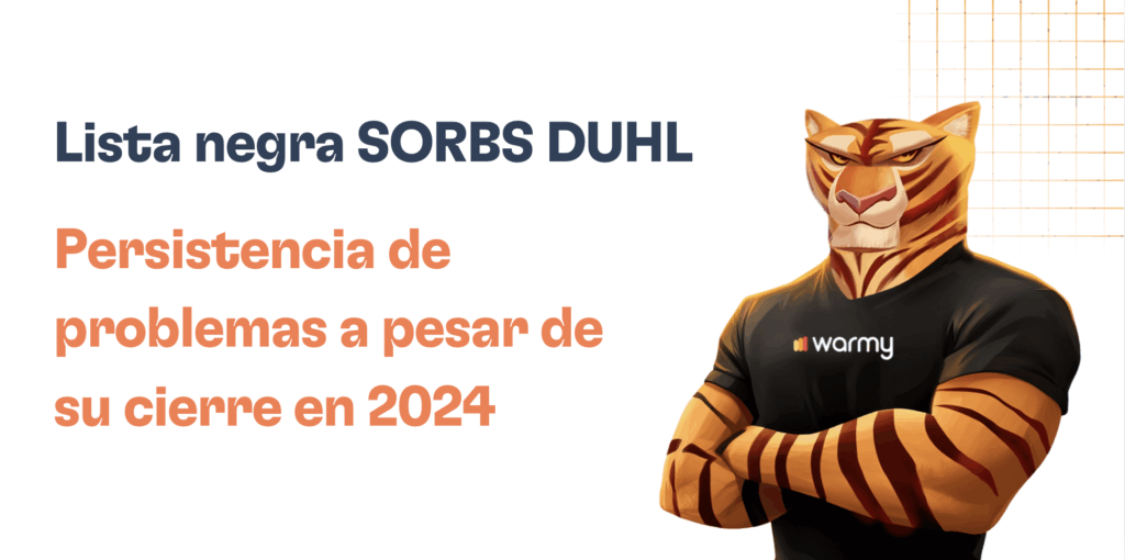 Lista negra de Sorbs DUHL: Cómo eliminar tu IP de ella 25 Illustration of a tiger in a warmy t-shirt with text: SORBS DUHL Lista negra. Persistencia de problemas a pesar de su cierre en 2024 on a white background with an orange grid design.