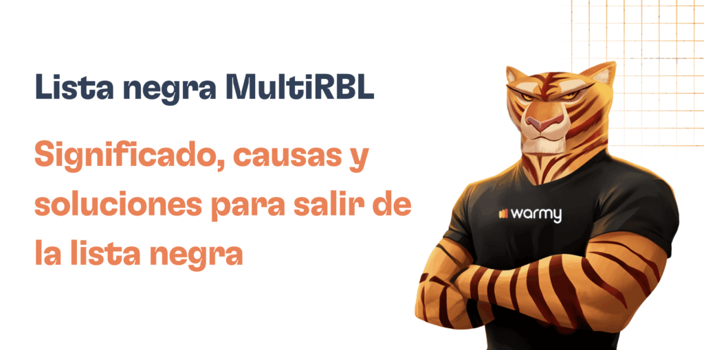 Cómo salir de la lista negra MultiRBL en 2026 35 A confident tiger mascot in a black warmy t-shirt stands with arms crossed. Text reads: Listas negras MultiRBL. Significado, causas y soluciones para salir de la lista negra MultiRBL.