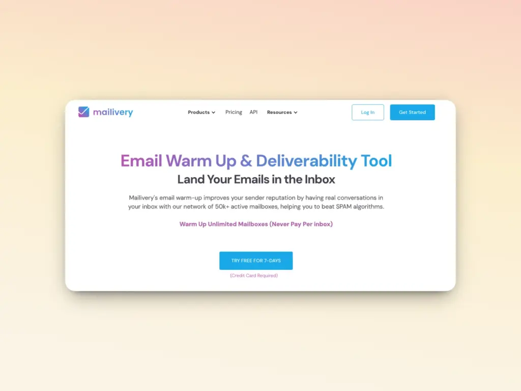 Warmy vs. Mailivery 2026: What High-Volume Users Need to Know 1 A website landing page for Mailivery features the headline “Email Warm Up & Deliverability Tool,” options to log in or get started, and a call-to-action button offering a free 7-day trial—ideal if you’re searching for a top Mailivery alternative.