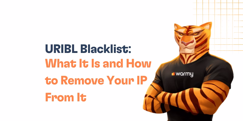 URIBL Blacklist: What It Is and How To Remove Your IP From It 1 A confident cartoon tiger wearing a warmy t-shirt stands with arms crossed next to the text: URIBL Blacklist: What It Is and How to Remove Your IP From It on a white background with an orange grid design in the corner.