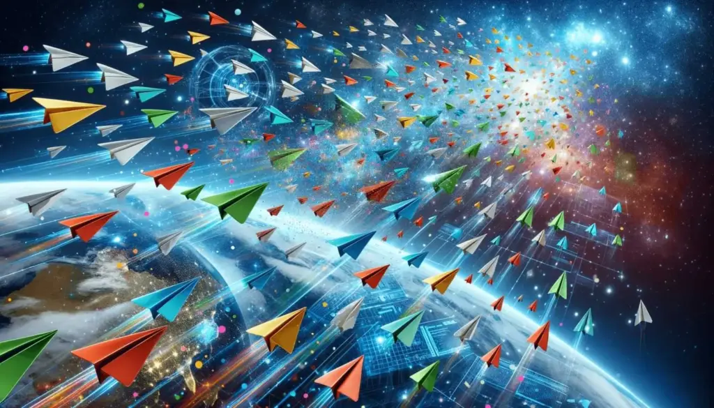 10 consejos de correo electrónico frío para hacer crecer tu negocio 10 A dynamic scene of colorful paper airplanes soaring through space against a cosmic background, with Earth partially visible below and radiating light patterns enhancing the sense of motion and vastness.