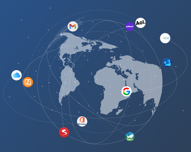 A digital illustration of the world map with icons of various email providers like Gmail, Yahoo, AOL, and Outlook interconnected by white lines. The background is a gradient blue, resembling a network or communication concept.