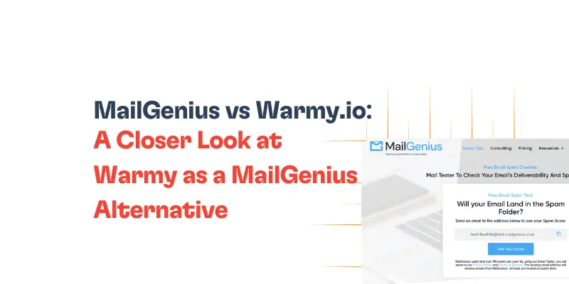 MailGenius vs. Warmy.io: A Closer Look at Warmy as a MailGenius Alternative 7 A comparison graphic titled MailGenius vs Warmy.io: A Closer Look at Warmy as a MailGenius Alternative with a partial screenshot of MailGenius’s email spam checker page on the right.